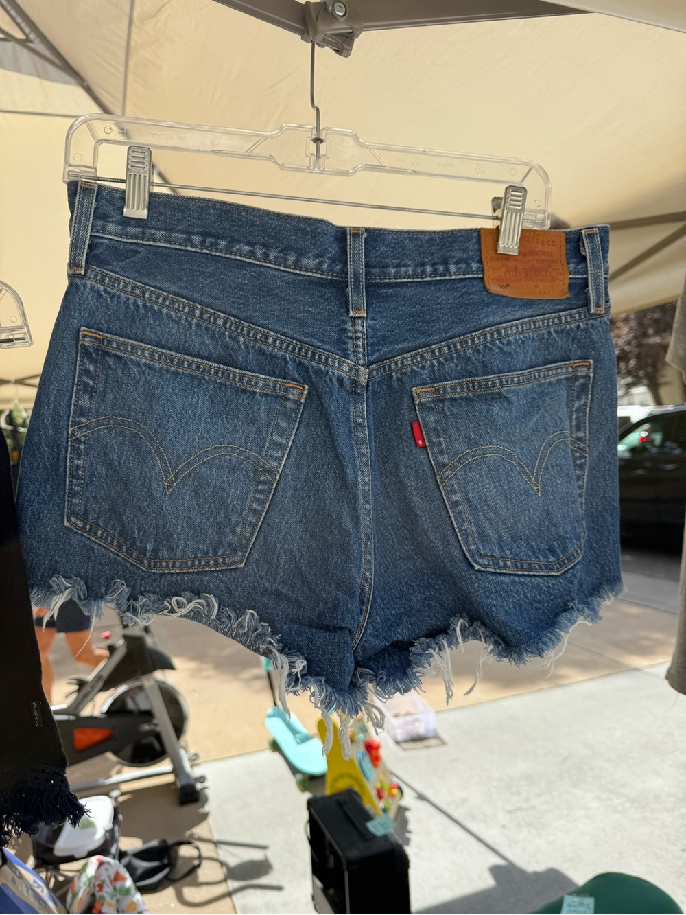 Levi's Dark Blue High-Rise Frayed Hem Denim Shorts